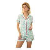 Pijama Algodão Americano Feminino Curto Verão Gatinhos Verde