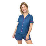 Pijama Algodão Feminino Adulto Curto Com Botões Poá Marinho