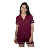 Pijama Americano Manga Curta Algodão bordô Aber Com Botões