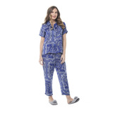 Pijama Azul Longo Blusa Manga Curta Cetim Estampado