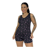 Pijama Baby Doll Estampado Feminino Regata E Bermuda Suede