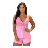 Pijama Baby Doll Feminino Sexy Short Doll Renda Cetim Luxo