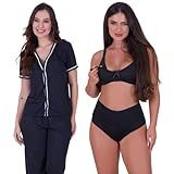 Pijama Com Botões Inverno Sutiã Amamentação Calcinha Pós Parto Vanessa BR Alfa G Regular Regular PRETO