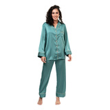 Pijama Comprido Feminino De Cetim Com Botão: Verde Esmeralda