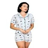 Pijama Feminino Americano Blogueira Short Doll Abertura Botões Gola Amamentação Pós Parto BR Alfa M Regular Regular Cinza 