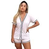 Pijama Feminino Americano Manga Curta Aberto Com Botões Short Baby Doll Verão Amamentação Cirurgico BR Alfa GG Regular Regular BRANCO 