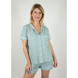 Pijama Feminino Americano Manga Curta Algodão Verde Poá
