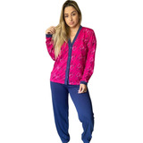 Pijama Feminino De Frio Com Botões Manga Comprida E Calça