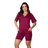 Pijama Feminino Verão 100 Algodão Com Renda Bermuda Lisa Bordô Tamanho XG Veste 52 PLUS SIZE