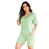 Pijama Feminino Verão 100 Algodão Com Renda Bermuda Lisa BR Alfa G Regular Regular Verde Claro 