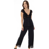 Pijama Longo Preto Com Renda D rend 313 Microfibra