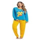 Pijama Manga Longa Feminino Adulto Em Malha Blusa E Calça Estampada Girafa GG 