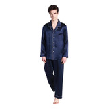 Pijama Masculino Americano Cetim De Seda Com Calça Marinho
