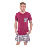 Pijama Masculino Manga Curta Adulto Verão Com Shorts Xadrez