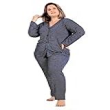Pijama Plus Size Longo De Liganete Botões 54 Azul Poá Branco Pequeno 