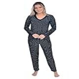 Pijama Plus Size Longo Liganete Gola Renda V 54 Preto Poá Branco Pequeno 