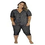 Pijama Plus Size Pescador Capri Bermudão Botões Liganete 54 Preto Poá Branco Pequeno 