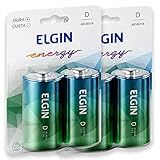 Pilha Alcalina D Elgin Bateria Grande LR20 Kit 4 Unidades