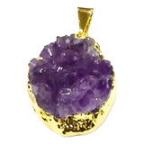 Pingente Pedra Drusa De Ametista Natural Folheado A Ouro P60