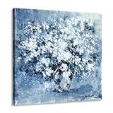 Pintura De Flores Decoração De Parede Quadro Floral Branco Em Vaso Tela Azul Moldura De Madeira Maciça Embrulhada Fácil De Pendurar 61 X 61 Cm