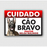 Placa Aviso Cuidado Cão Bravo Pastor Belga Malinois 20x30