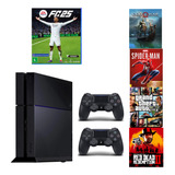 Playstation 4 Ps4 Preto Bp 500gb + Dois Controles + Um Jogo Gta 5/ Red Dead Redemption 2/ Fc25 Fifa 25/ God Of War/ Spider Man /
