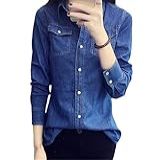 Plus Size Mulheres Jeans Camisas E Blusas Manga Comprida Botão Algodão Camisa Jeans Feminina Top Azul Escuro XXG