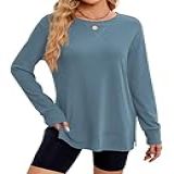 Poetsky Blusa Feminina Túnica De Manga Comprida Com Gola Redonda E Fenda Lateral Para Outono 2024, Azul, M