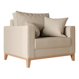 Poltrona Beny Pés E Base Em Madeira Linho Cotton Bege Cor Marrom claro