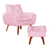 Poltrona Com Puff Decorativo Opala Suede Rosa Bebê Kasa Sofá