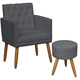 Poltrona Decorativa Com Puff Resistente Moderno Para Sala De Estar Recepção Cinza 