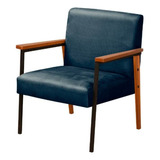Poltrona Fontana Veludo Azul Base Em Metal Preto E Madeira