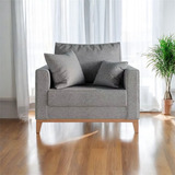 Poltrona Pés E Base Em Madeira Linho Cinza Alto Conforto Luxo Decorativa Com 2 Almofadas Lilys Home