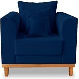 Poltrona Sala De Estar Beny Linho Azul Marinho Com Almofadas Decorativas - Madeira Prima Deccor