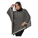 Poncho De Tricô Com Gola Rosana Xadrez Tendencia Elegante