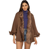 Poncho Pelerine De Lã Com Pelos Sintetico Feminina Inverno
