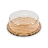 Porta Bolo De Bambu Redondo Com Tampa Em Acrílico Boleira Doceira Cúpula 28 Cm