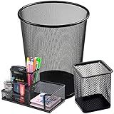 Porta Caneta E Lixeira De Metal Aramado Organizadores De Escritório Mesa Com Divisórias Para Clip Lápis Bloco De Notas Tesoura Borracha Kit 3 Peças Redondo Quadrado -Preto-