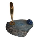 Porta Canetas Em Chapa De Ágata Azul Pedra Natural 227g 8cm