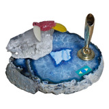 Porta Canetas Geodo De Pedra Ágata Natural Azul 491g 12cm