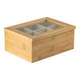 Porta Chá De Bambu Natural Com Tampa Em Vidro 6 Divisórias