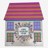 Porta Chaves Madeira Casinha Gancho Parede Decorativo Rosa