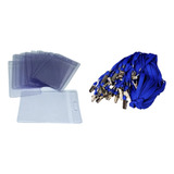 Porta Crachá Pvc Transparente 50 Unidades 50 Cordões Azul