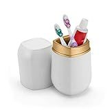 Porta Escova E Pasta De Dente Com Tampa L 8 5 X A 20 5 Cm Branco E Dourado Fosco Linha Conceito Arthi