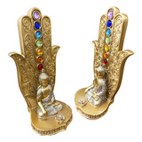 Porta Incenso Energia Meditação Mão 7 Chakras Decoração Buda Cor Dourado Brilhante Com Pedras Mão De Fátima Com Pedras Buda Meditação Yoga