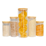 Porta Mantimentos Herméticos De Vidro Tampa De Bambu Kit 5