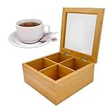 Porta Organizador De Chá Em Bambu 20cm Com 4 Divisórias E Tampa De Vidro Clink