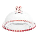 Porta Queijo Queijeira Com Cúpula Cristal Borda Rosa Heart