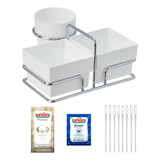 Porta Saches Suporte Cafe Kit 50 Açucar Adoçante Mexedor Cor Branco Aço Cromado