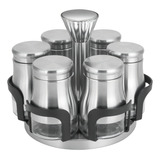 Porta Temperos 6 Potes Aço Inox Vidro C Suporte Giratório